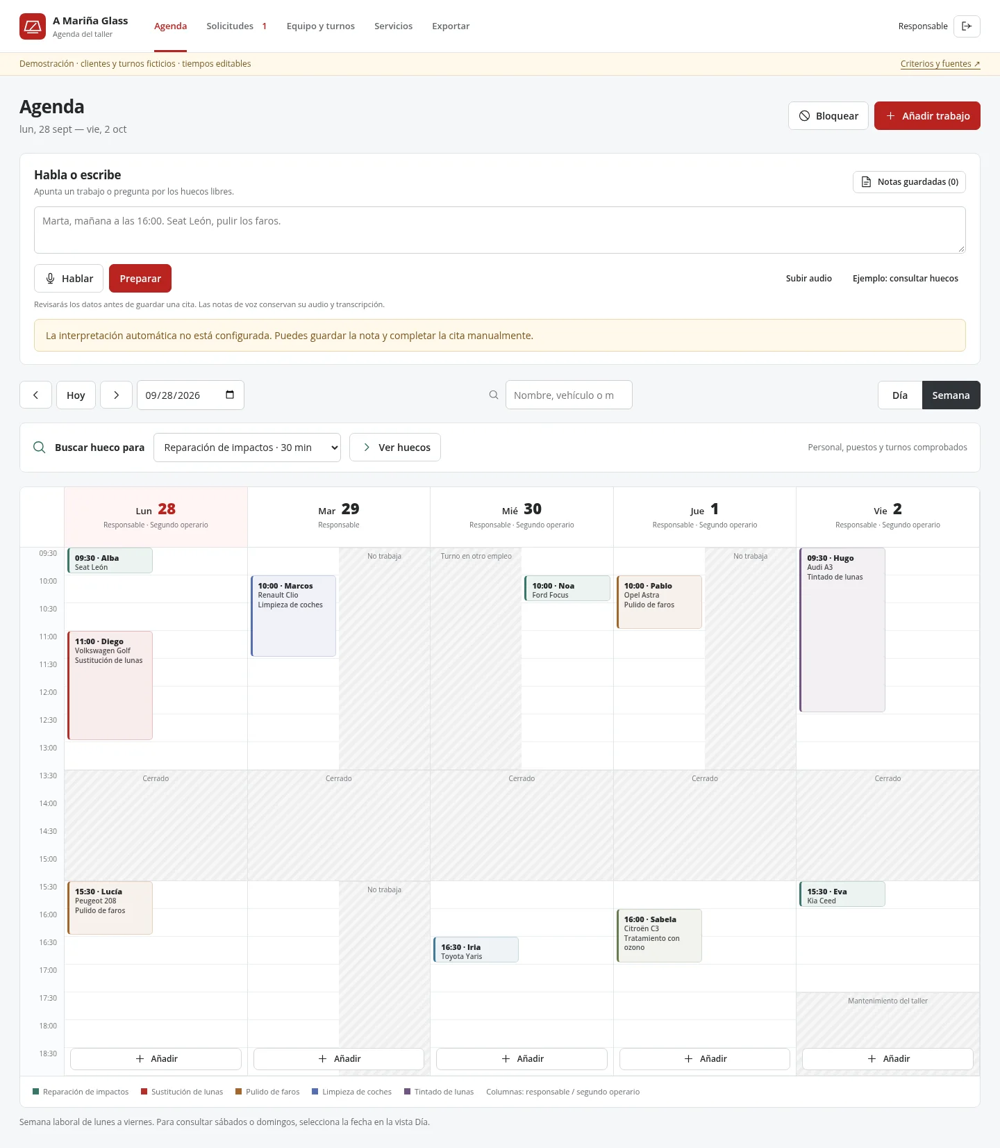 Weekly demo schedule showing jobs, closing hours and staff blocks.