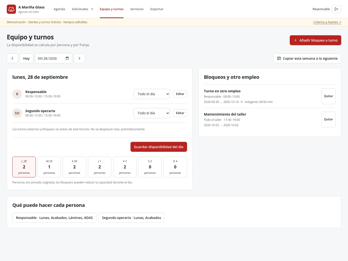 Demo interface for configuring staff availability by day and time window.