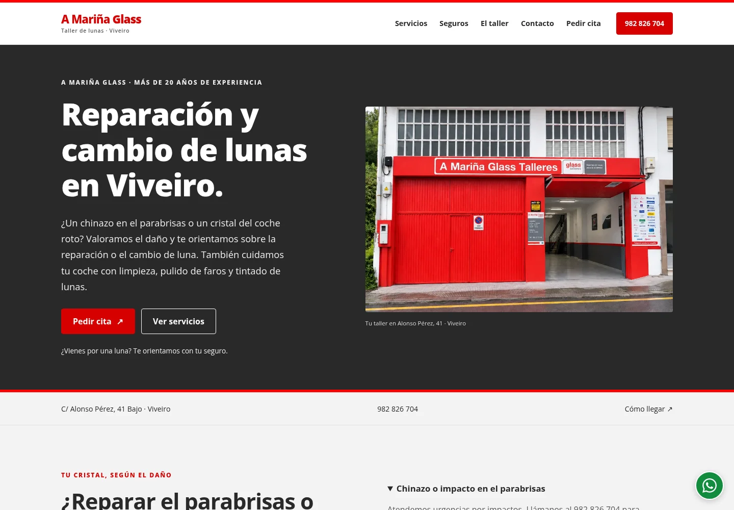 A Mariña Glass website showing workshop services in Viveiro and the appointment request link.