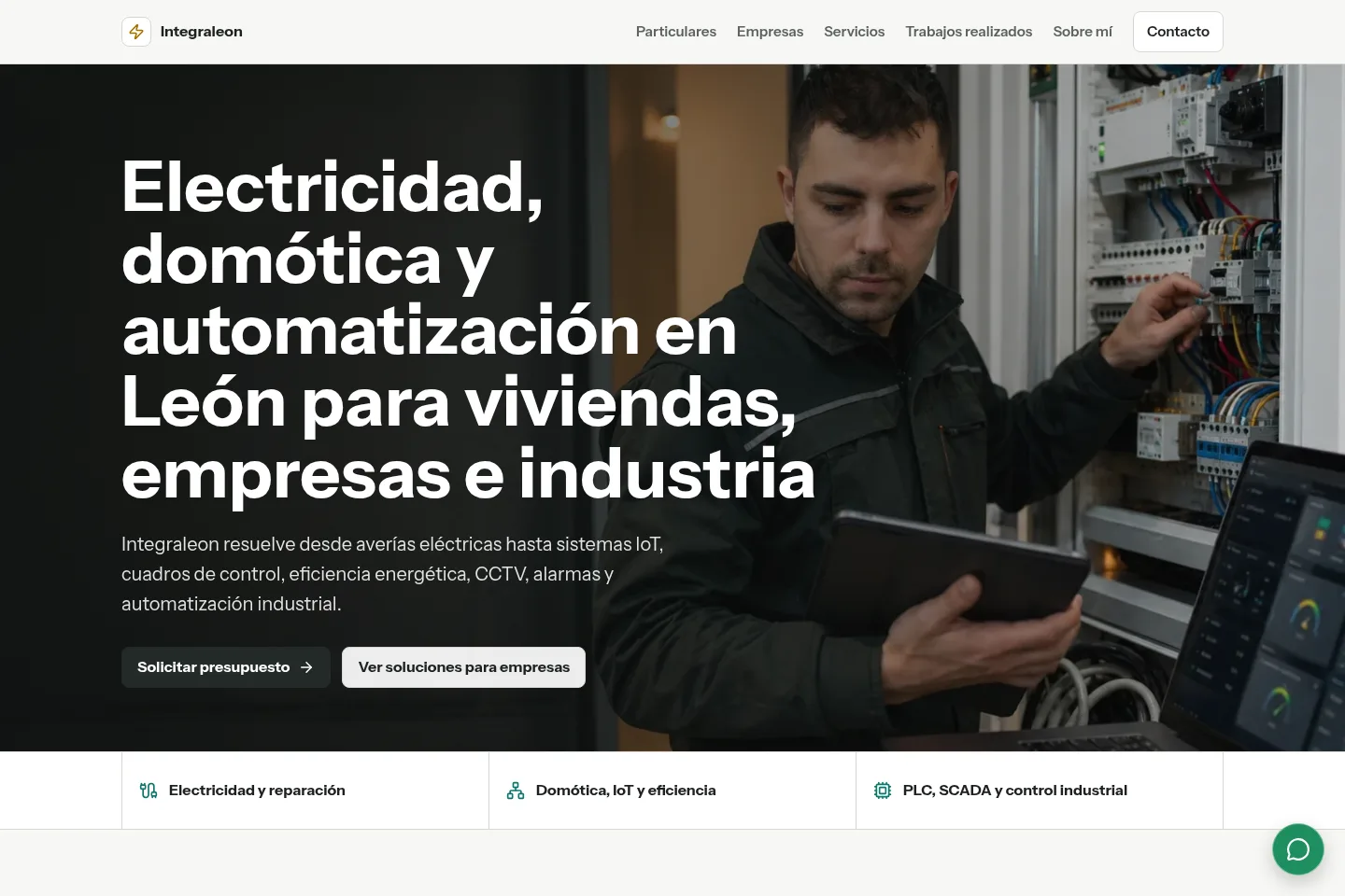 Integraleon homepage screenshot with electricity, domotics and automation services in Leon.
